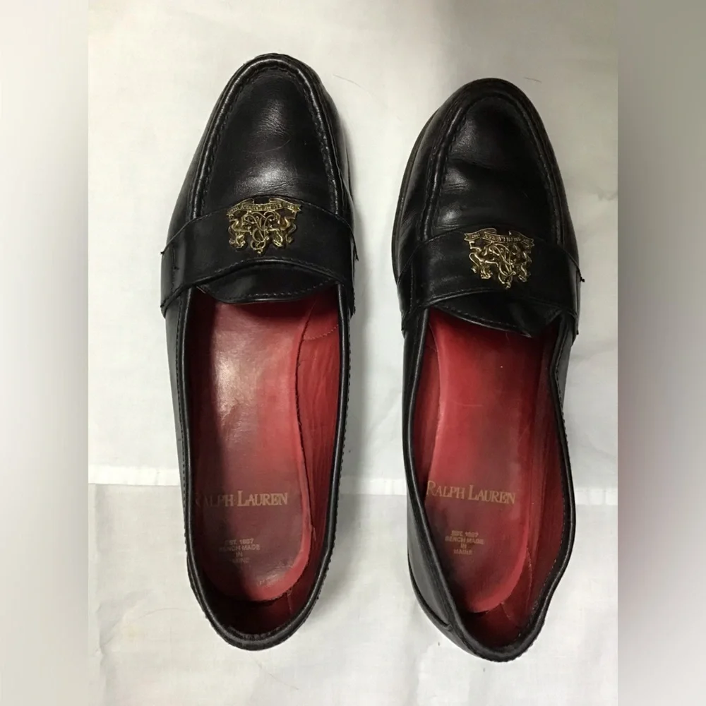 Vintage Ralph Lauren Black Leather Loafers Gold Crest Benchmade in Maine USA 8.5